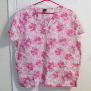 Pink Heart Pattern Womens Scrub Top Large Work& Wear Valentine